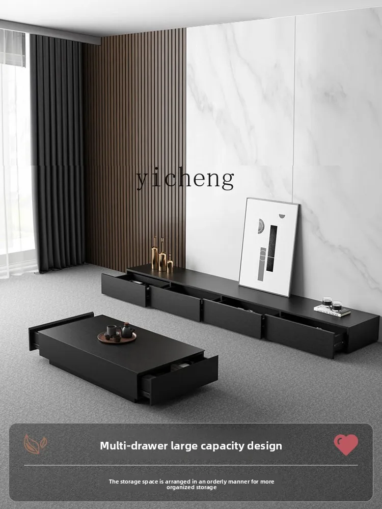 

FY solid wood TV cabinet floor-to-ceiling living room small apartment black coffee table rock slab TV cabinet