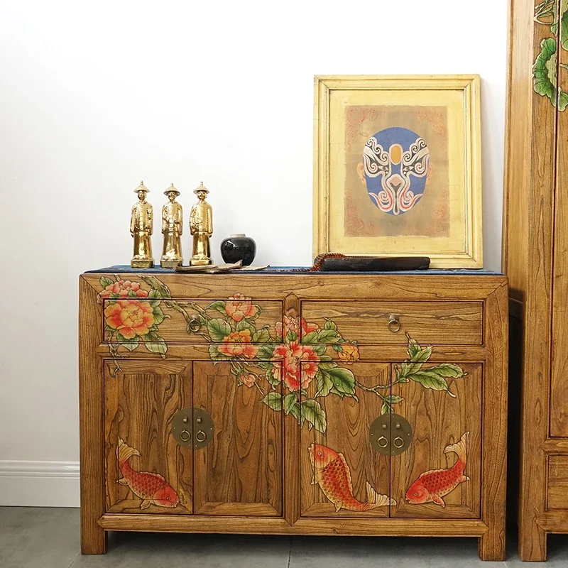 

Hand-Painted Entrance Cabinet Chinese Style Retro Side Cabinet Elm Solid Wood Locker New Chinese Style Sideboard