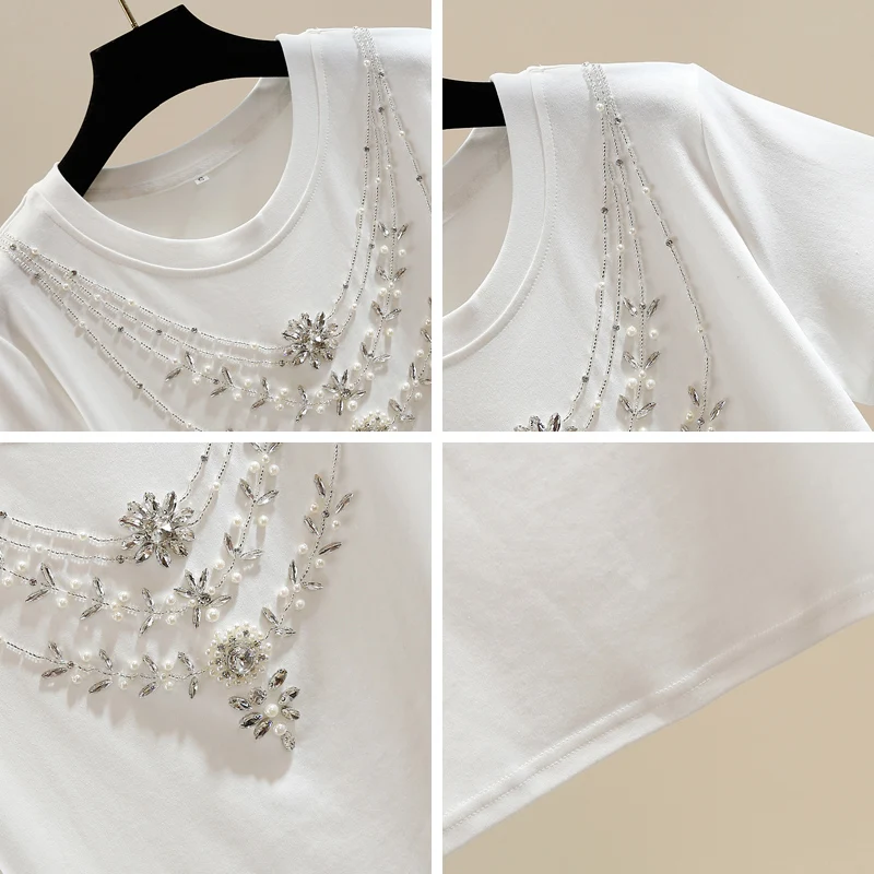 Heavy Beads Diamond Design Round Neck Pullover Short Sleeve T-shirt Female 2024 Summer New Fashion Elegant All-Match Women Top
