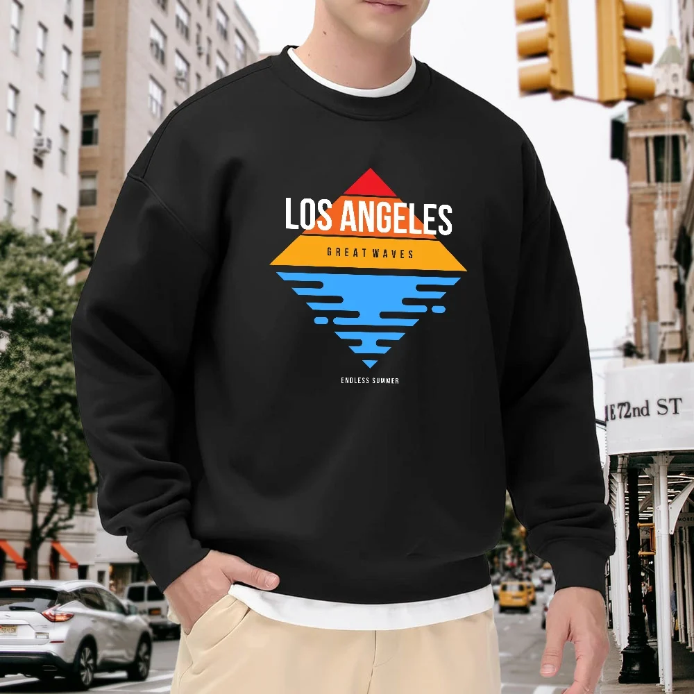 

Men's Black Crewneck Pullover Sweatshirt with Los Angeles Letter Print, Vintage Casual Top, Loose Fit, Street Style, Trendy, Versatile and Comfortable for Everyday Wear