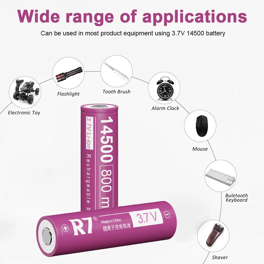 R7 Brand 14500 800mAh 3.7V Li-ion Rechargeable Batteries 14500 AA Battery Lithium Cell for Led Flashlight Headlamps Torch Shaver