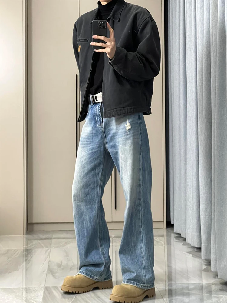 

Light Blue Thunder Cra Knife Straight Leg Jeans Men's Spring Autumn American High Street Vibe Trousers Bell Bot