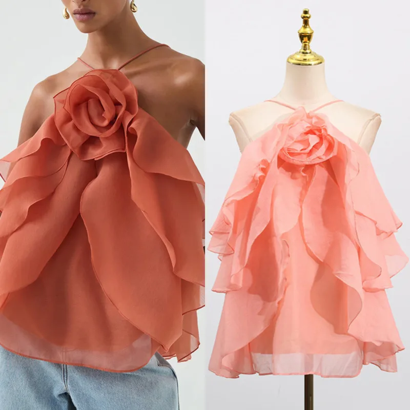 

French Pure Desire Hanging Neck Camisole Vest Tops & Tees Women Summer Temperament White Versatile Top With Ruffled Edges New
