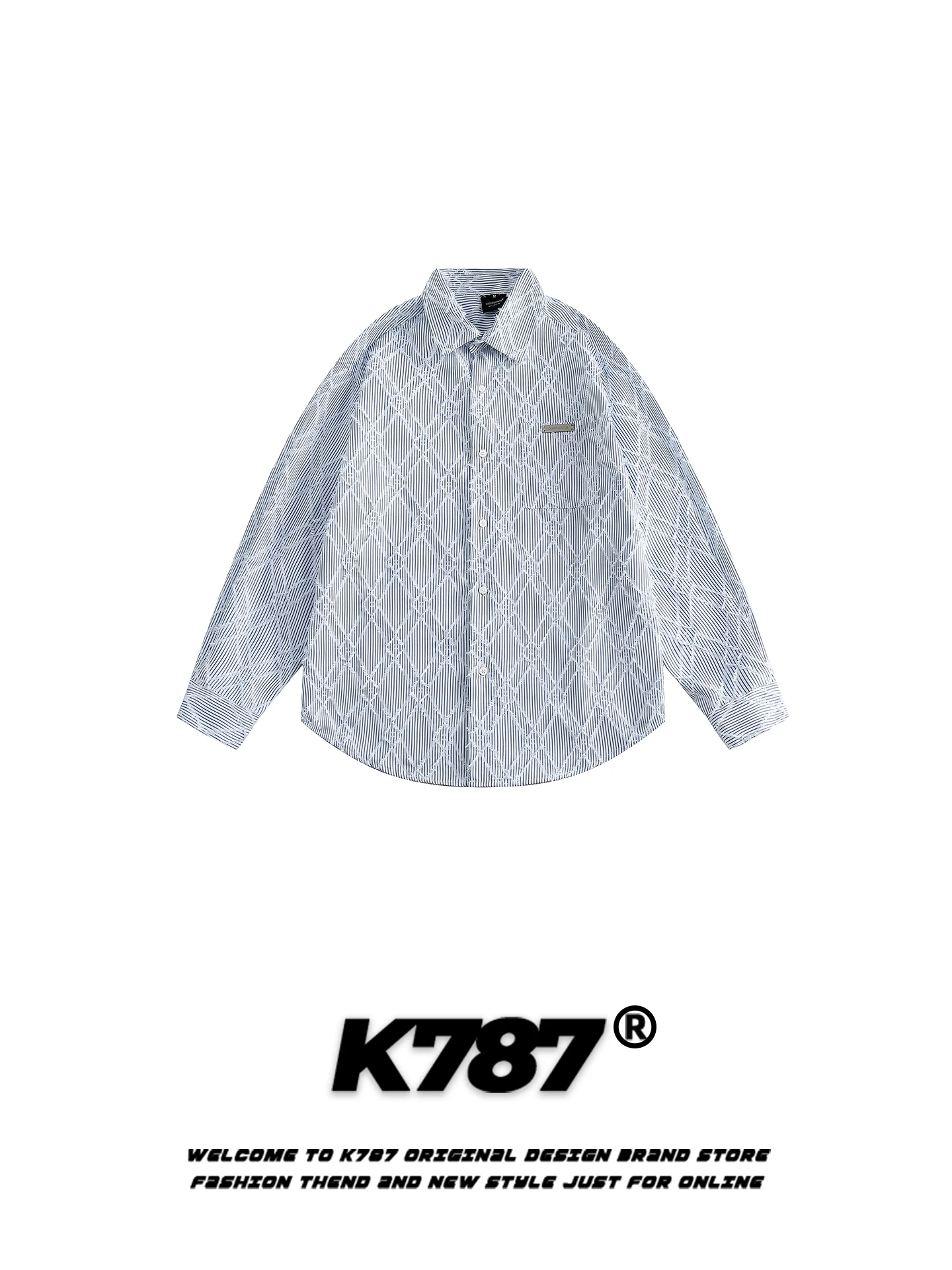 

K787 American Retro Long Sve irt Men Women Loose College Sle Simple Casual Couple Outerwear Quilted Geometric Trim