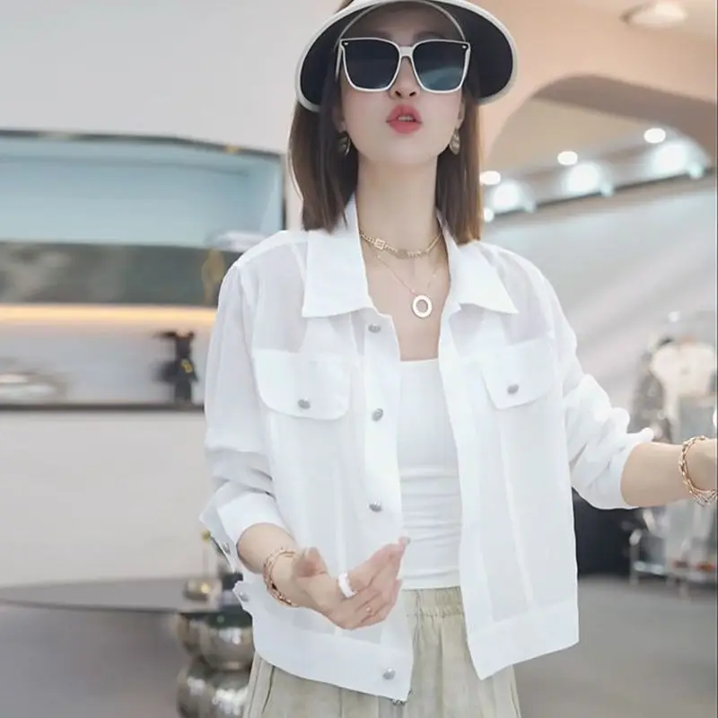 Summer Casual Versatile Women's Shirt Short Style Outerwear Meat Covering White Enhancing Sun Protection  Neck Button down