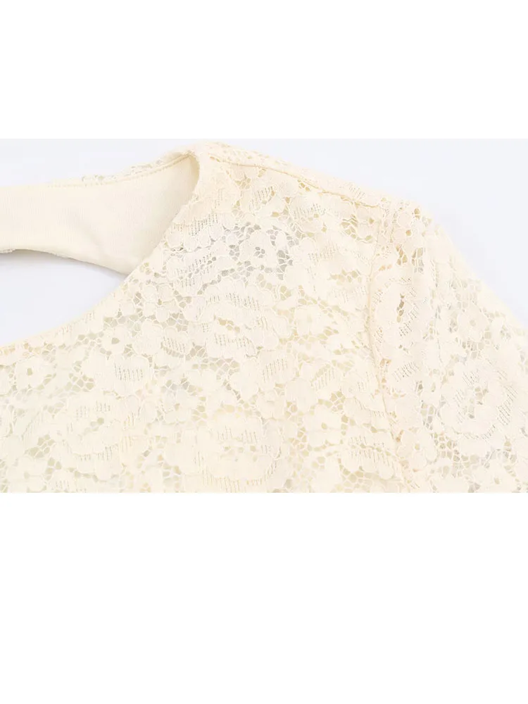 HH امرأة الربيع جولة الرقبة سستة عارية الذراعين تشديد الخصر طويلة الأكمام الدانتيل الديكور فستان قصير الإناث أنيقة مثير تنورة