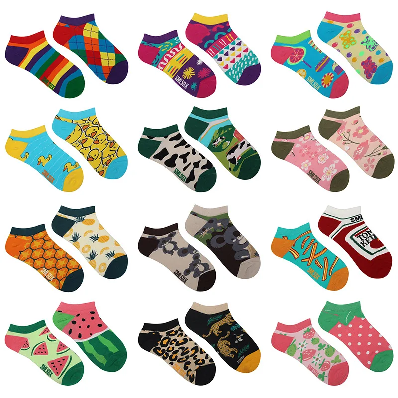 Women\'s Asymmetric AB Socks Ins Animal and Plant Ankle Socks Cartoon Colorful Sports Cotton Socks Men Women Socks Low Cut Sox