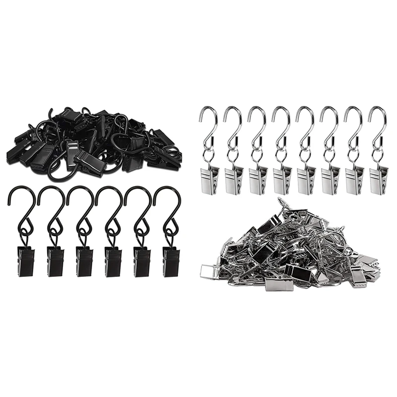 200 Pack Curtain Clips Light Hanger Gutter Hooks Black & Silver Christmas Party Decor Supplies For Camp Tent Photo Display