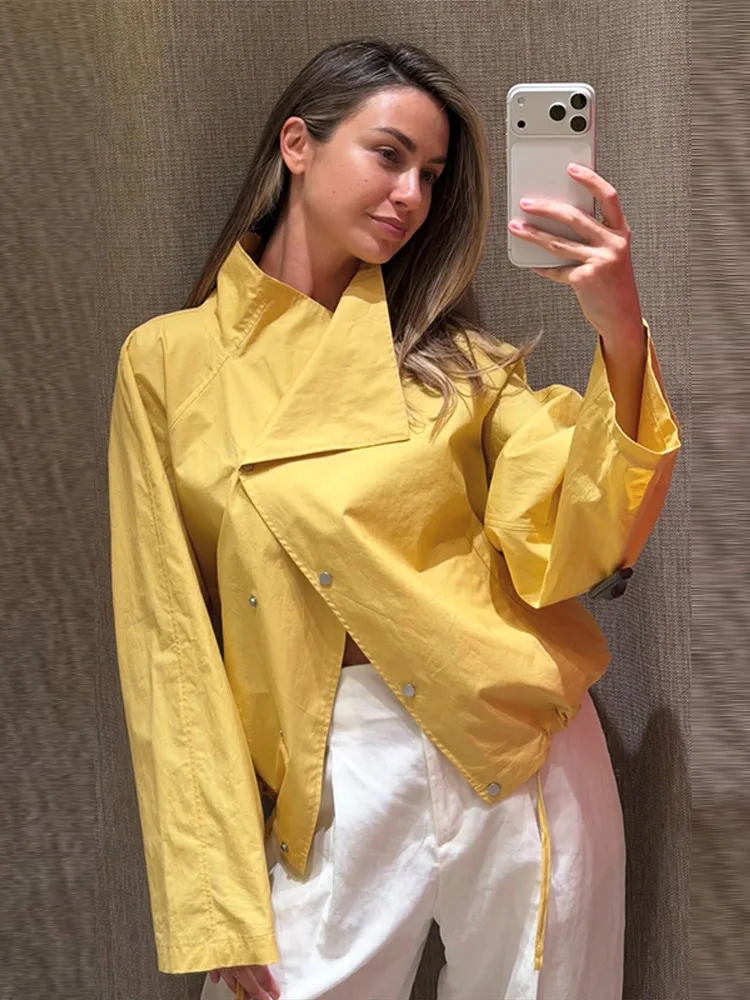 Stehkragen-Jacke mit Seitenverschluss und Kordelzug am Saum, Oversize-Jacke für Damen, Streetwear, Langarm, Einreihig, Lockerer Mantel, Neue Damen-Oberbekleidung – Detail 14