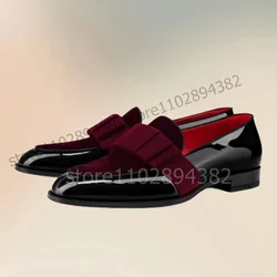 Red Blue Bow Knot Decor Black Patent Leather Loafers Fashion Slip On Men Shoes Luxurious Handmade Party Office Men Dress Shoes