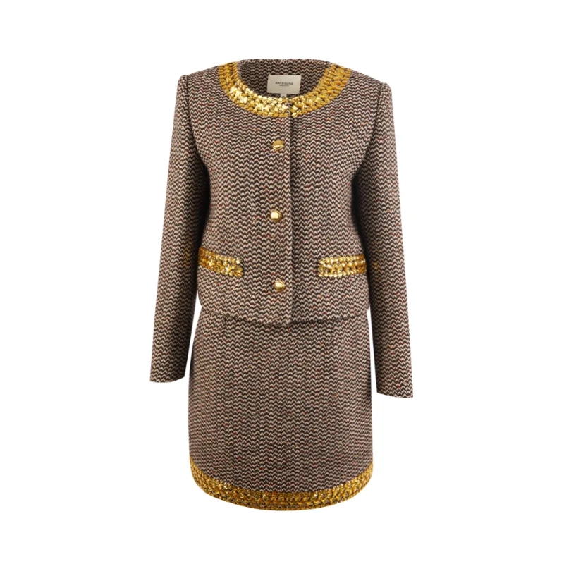 French Small Fragrance Wool Suit Women's Brown Long Sleeve Coat + Nail Drill Skirt High Quality Elegant Chic Tweed Two Piece Set