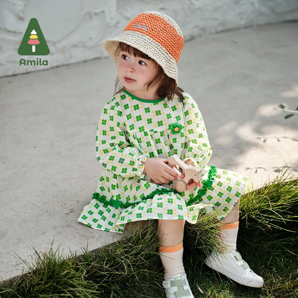 Amila Baby Girl's Dress 2024 Spring New High Quality Cotton Breathable Printed Short Sleeve Dresses for Kids