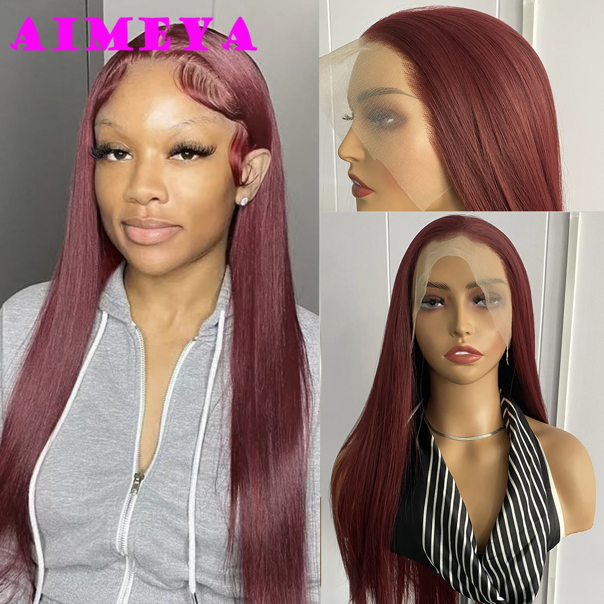 AIMEYA Dark Burgundy Lace Front Wig Long Silky Straight Synthetic Lace Wig Daily Cosplay Wigs Natural Hairline Heat Resistant