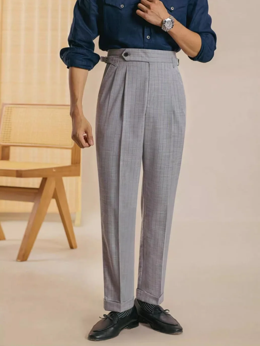 AI NI YA Spring Men's Neapolitan Striped High Waist Pants, Casual Business Dress, Slimming Western Pants, Paris Buckle Pants