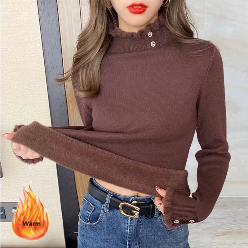 Korean Plush Velvet Winter Sweater Women Sweet Ruffles Half High Collar Knitted Bottoming Pullover 2024 Fall Design Knitwear Top
