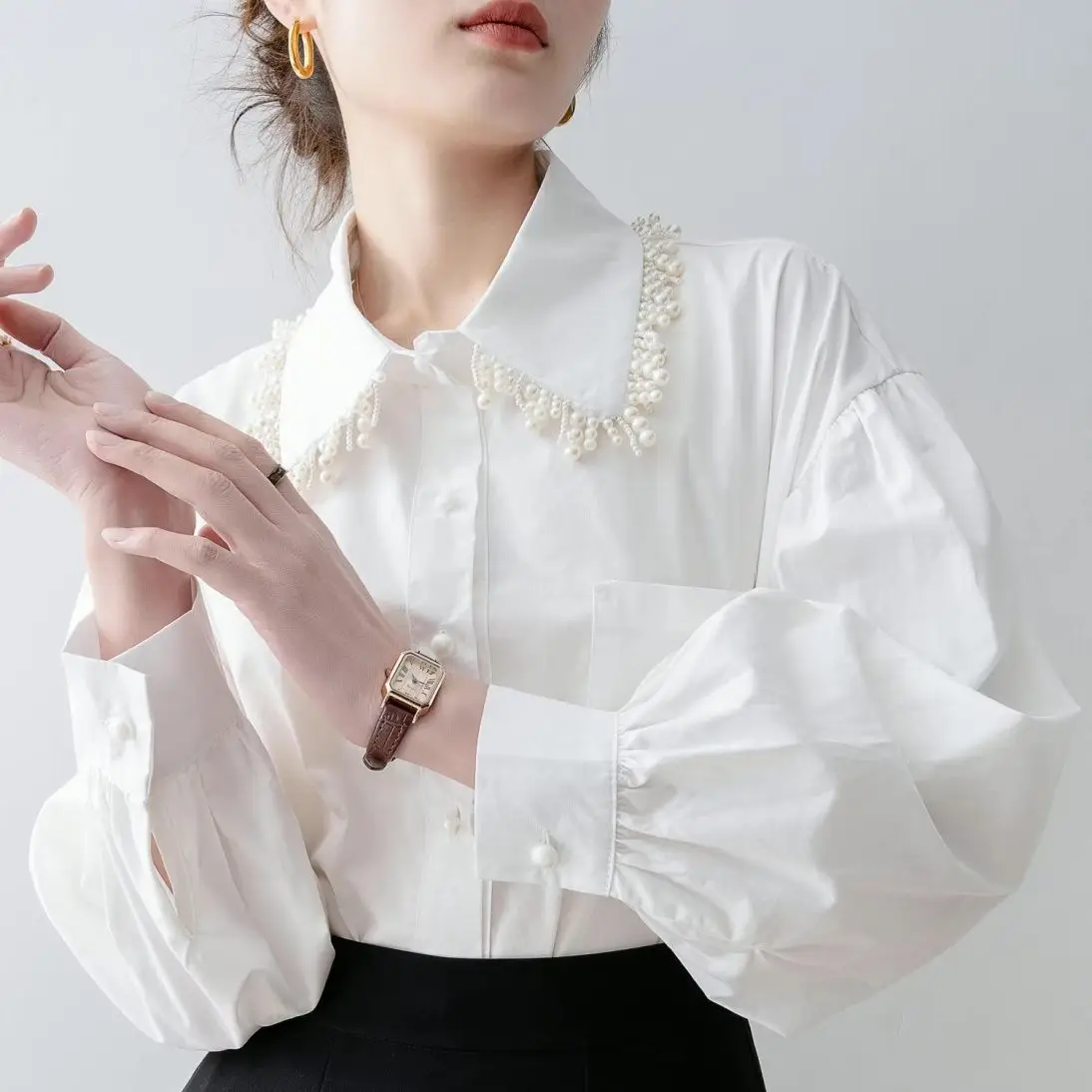 

White Shirt Women's Spring 2025 New Style Flip Collar Lantern Sleeve Shirt Fashion Loose Top