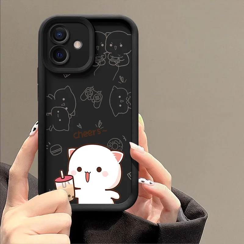 Cartoon Peach Mochi Cat Couple Case for Xiaomi 14T 13T Pro Redmi Note 10 12 13 14C 9 Poco M6 Lite Cute Animal Paired Soft Cover