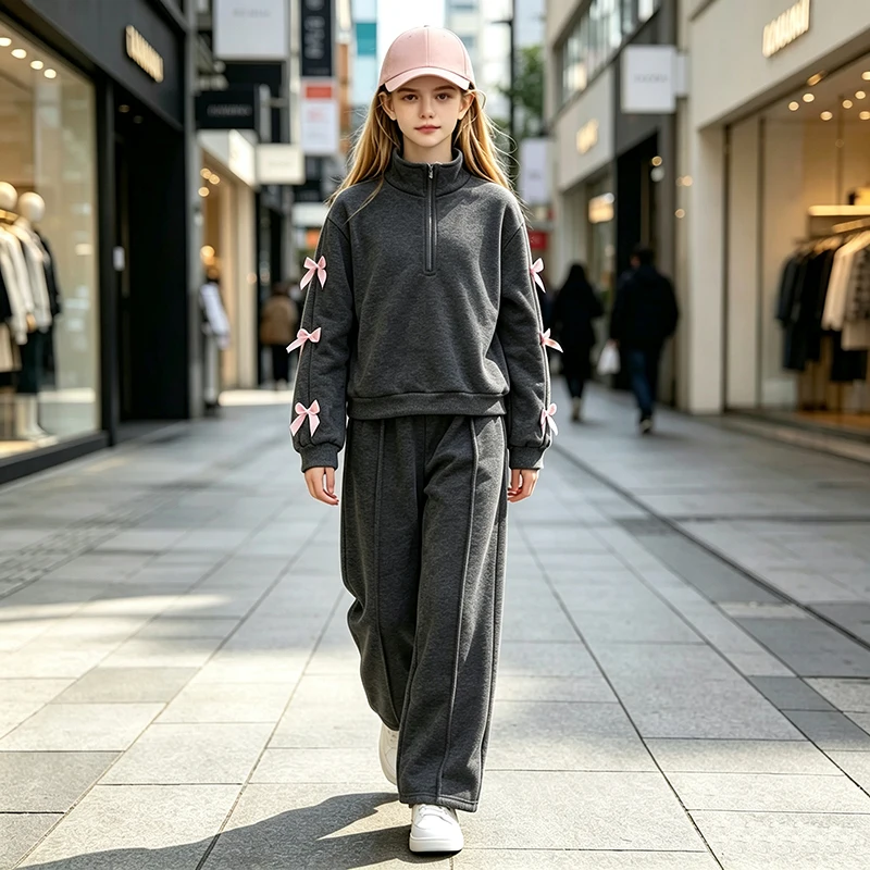 Girls 8‑12 Years Autumn Winter 2Pcs Outfit Half‑Zip Stand Collar Sweatshirt With Pink Bows Elastic Waist Wide Leg Pants Set
