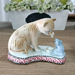 Funny Porcelain Cat Miniature Hand Painted Ceramics Mouse Figurine Home Pet Ornament Cartoon Character Decor Art and Craft Gift