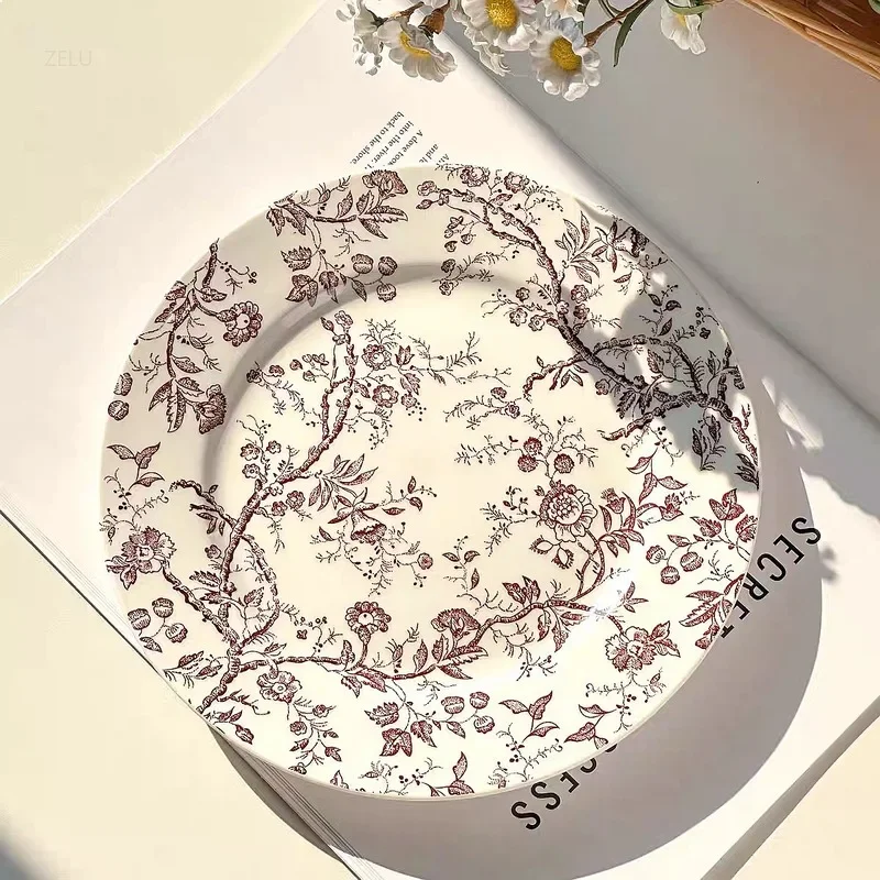 French Vine Floral Plate High-End Light Luxury Dessert Plate Vintage Ceramic Dinner Plate Beautiful Cake Serving Tray