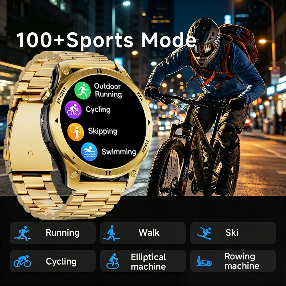 Gold Smartwatch with AMOLED Screen and Flashlight, Gift for Men