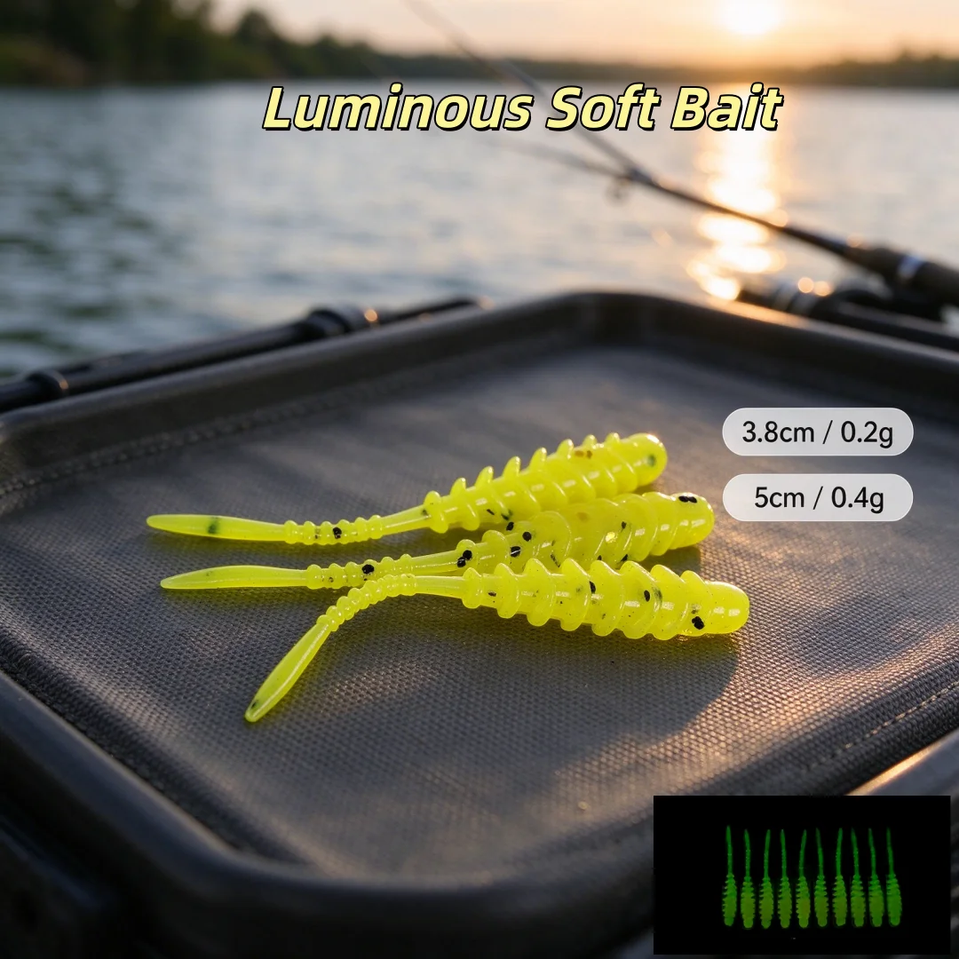 Mukun 10pcs Luminous Ribbed Stick Worm Soft Lure, 38mm/50mm Glow in Dark Artificial Soft Plastic Bait, Rock Fishing Tackle Pesca