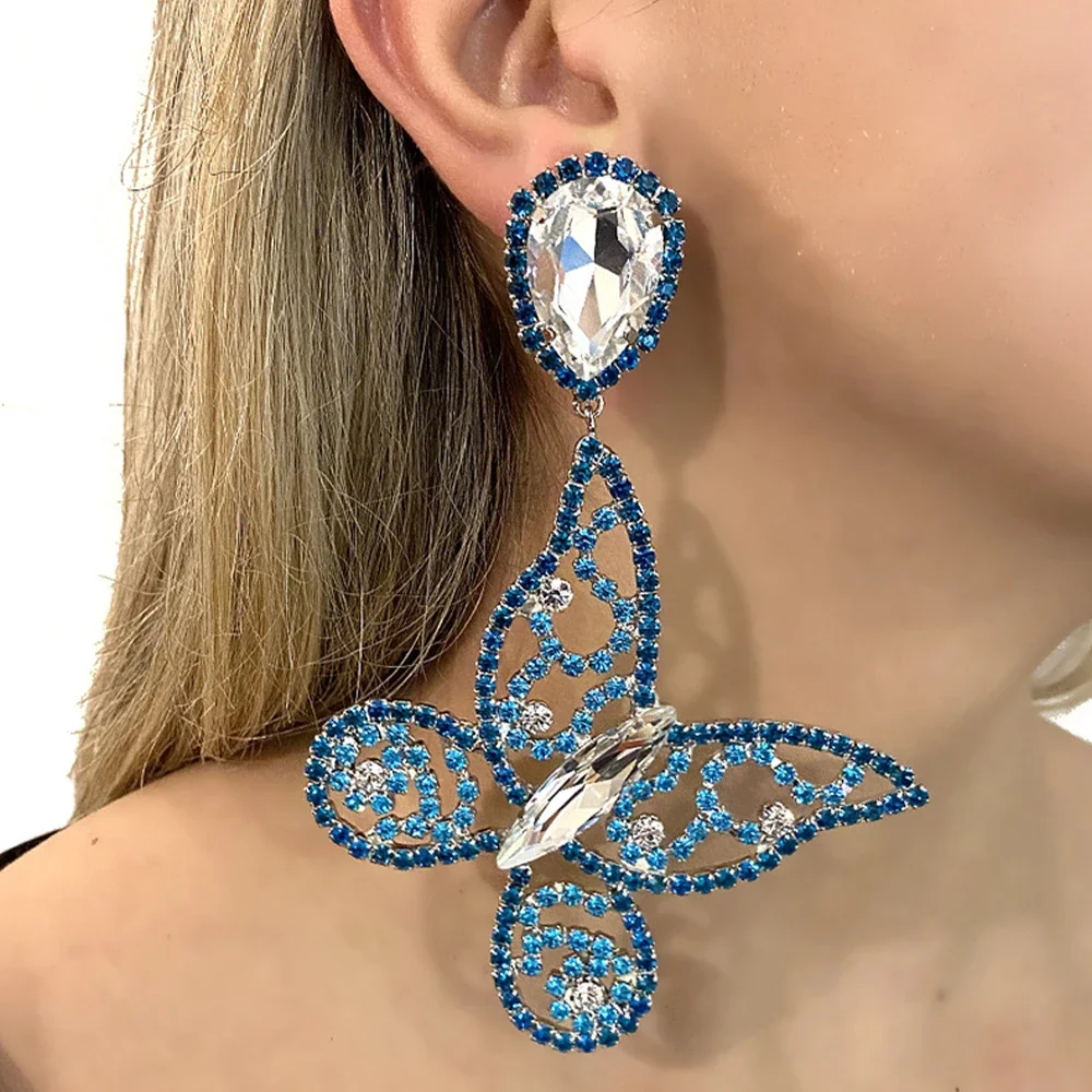 Fashion Blue Butterfly Earrings Rhinestone Accessories for Women Summer Prom Statement Blue Crystal Dangle Earrings Jewelry