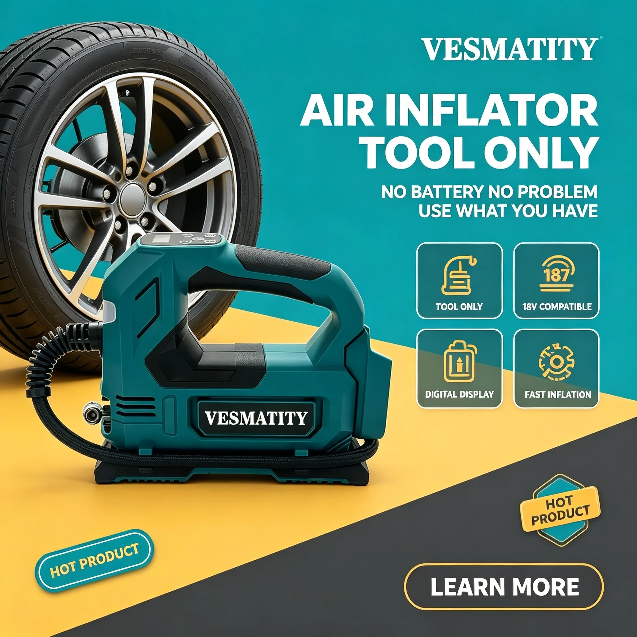 Air Pump Lithium-Ion Cordless Air Inflator: Portable Tyre Pump with Digital Display for Cars & Motorcycles for 18V-20V battery.