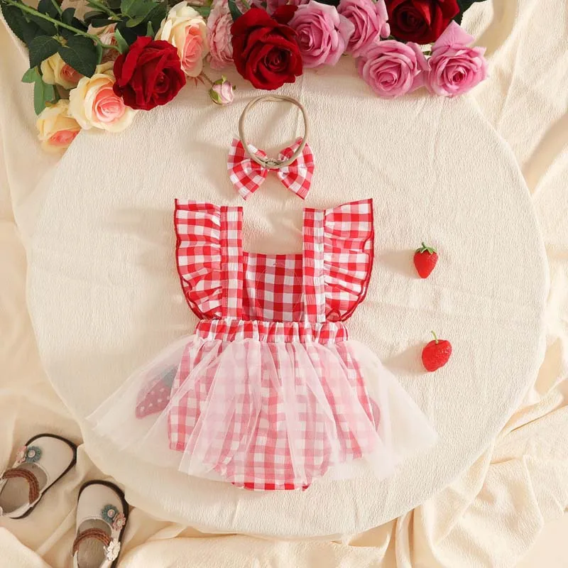 Baby Girl Strawberry Plaid Tutu Romper Set Summer Sleeveless Ruffle Mesh Bodysuit with Bow Headband Newborn Princess Outfit