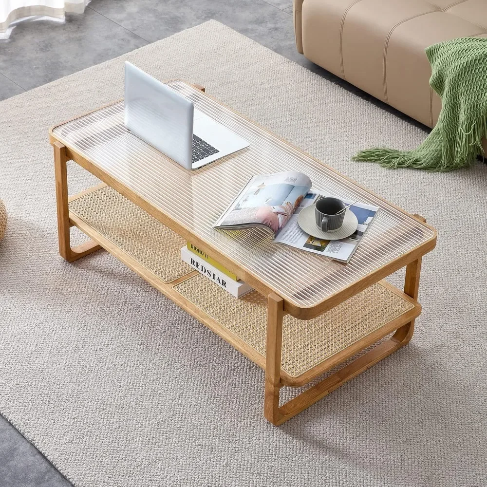 Coffee Table with Tempered Glass Top,Wood Coffee Table for Living Room,Glass Top Coffee Table with Imitation Rattan Storage