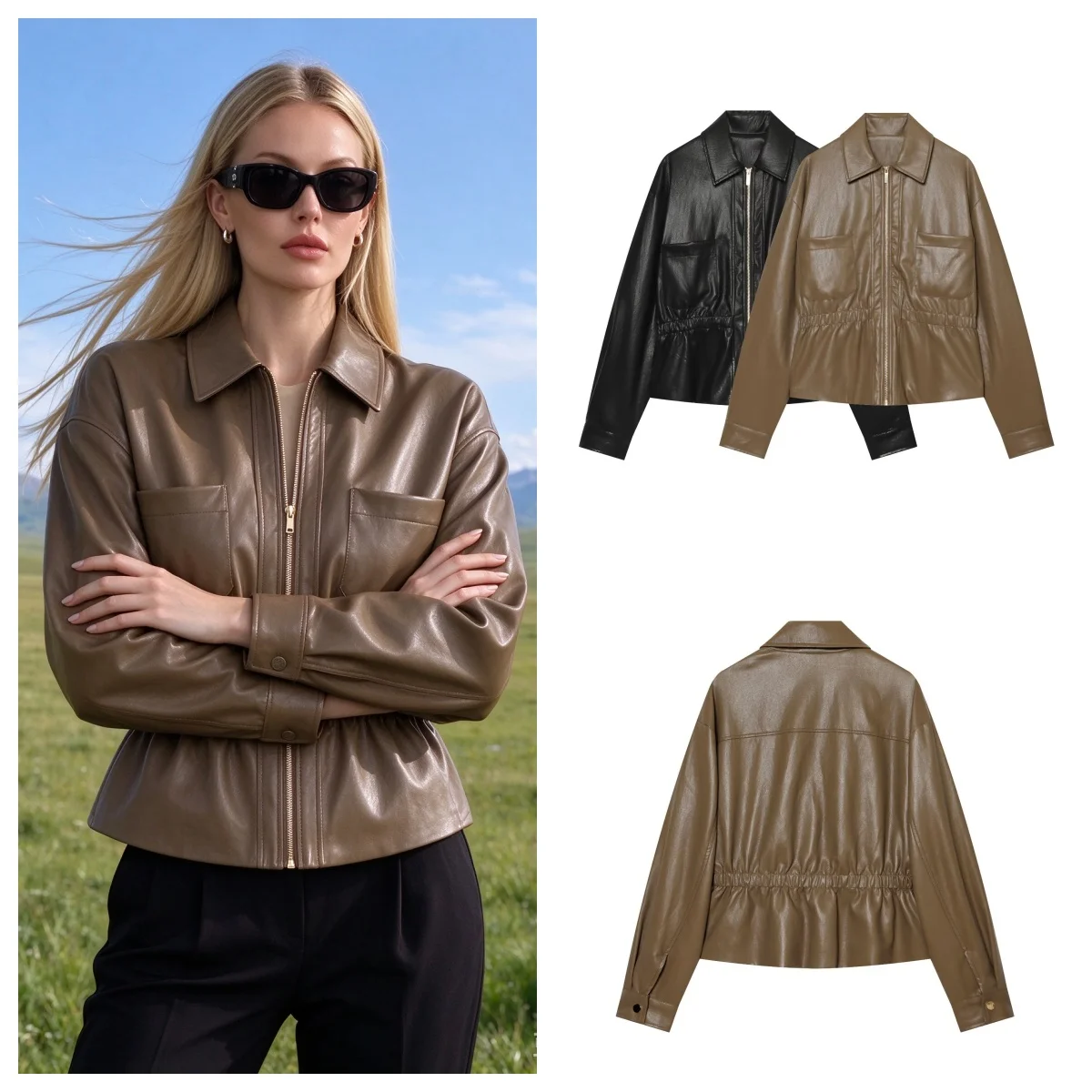Guobioziy Women's Jacket 2026 Autumn/Winter New Fashionable Versatile Long-Sleeve Stand Collar Faux Leather Belted Jacket
