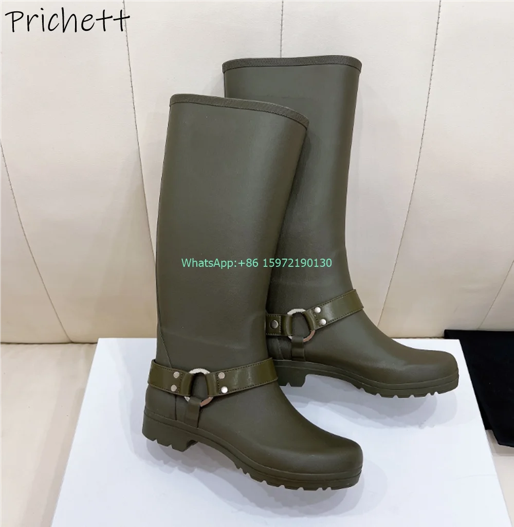 

Buckle Belt Rivet Rain Boots Solid Round Toe Chunky Heels Slip On Runway Shoes New Fashion Women's Winter Knee High Boots