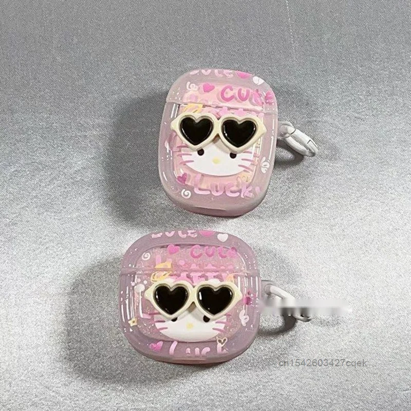 Sanrio Hello Kitty Cute Sunglasses Unique Design Earphone Case For AirPods 1 2 3  Generation Pro Pink Headphone Protective Cover image 4