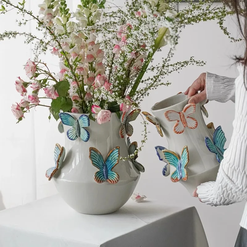 

Ceramic Vase Relief Butterfly Handmade Porcelain Bottle Flower Arrangement Accessories Decorative Vases for Home Decoration
