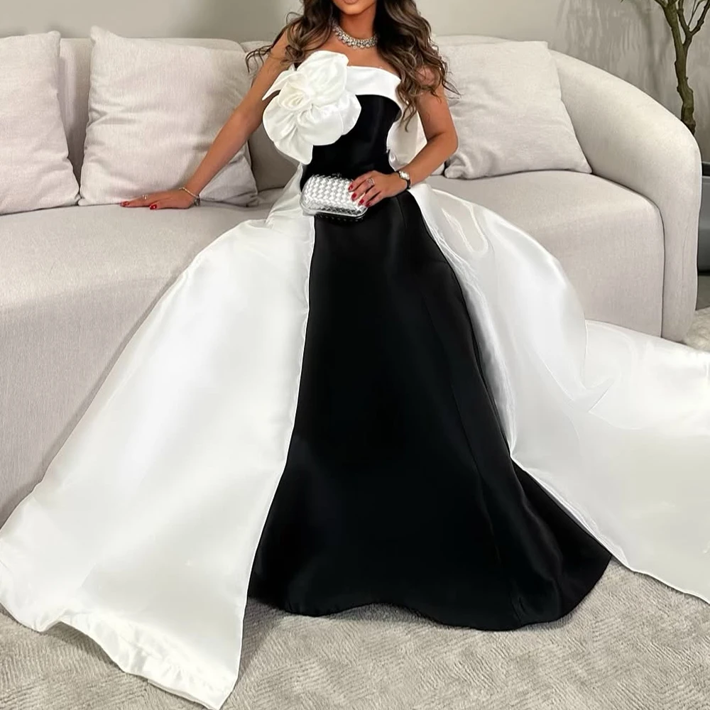 Customized Graceful Bow Flowers Satin Evening Dress Temperament A-Line Floor Length Strapless Sleeveless Bespoke Occasion Gowns