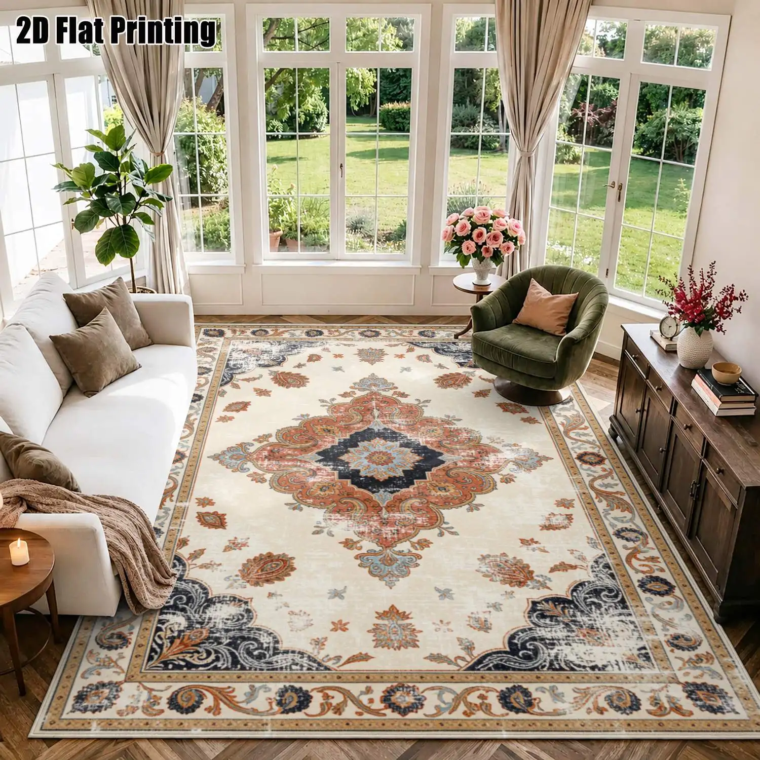 1Pc 2D Printed Carpet: Light Green Retro Scroll Floral Pattern, European Style, Machine Washable, Multi-Size for Home Decor, Multi-Scene Use