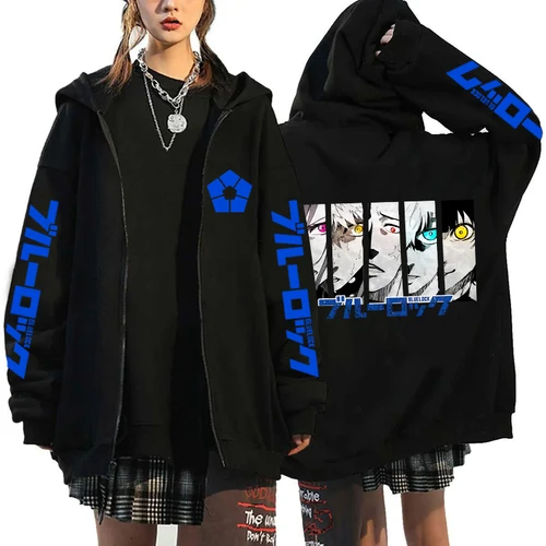 Imagen 2 del producto Sudadera con capucha con estampado de cerradura azul de Anime, sudaderas con cremallera Harajuku a la moda, sudadera para hombres y mujeres, Tops informales de manga larga con cremallera