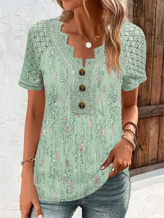 

Plus Size Women's Short Sleeve V-Neck Graphic Stitching Lace Top fashion T-shirts summer 2024 women's clothing plus sizes