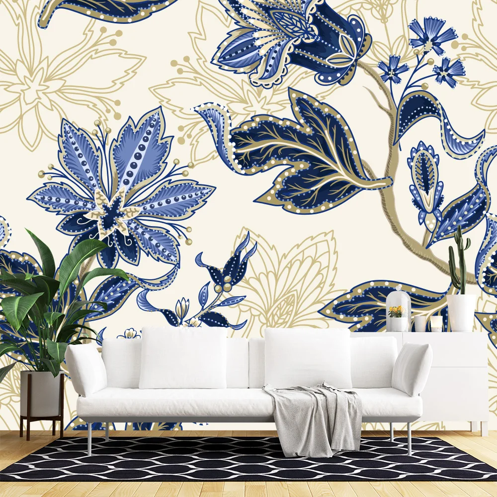 Blue Palm Tree Animal Painting Self Adhesive Wallpaper Peel and Stick Living Room Wallpaper Funitures Cabinet Paper Decoration