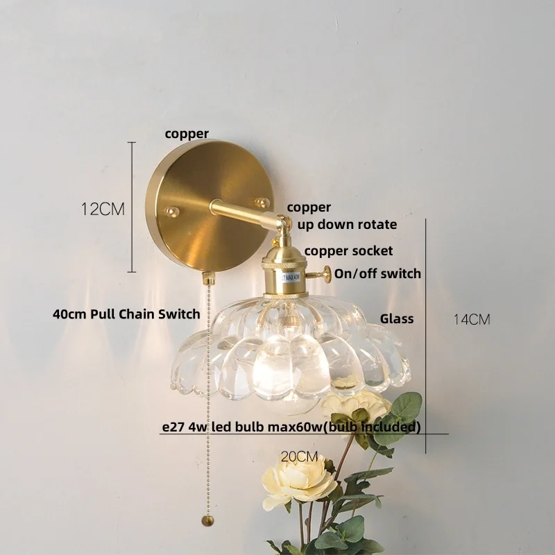 IWHD Nordic Modern LED Wall Lights Pull Chain Switch Aisle Coffee Balcony Flower Clear Glass Up Down Rotate Copper Bedside Lamp