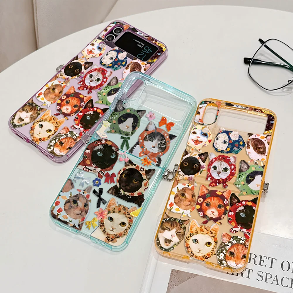 Étuis chat mignon de dessin animé pour Samsung Galaxy Z Flip3 Flip4 Flip5 Flip6 Flip7 5G, housse en TPU souple pliable semi-transparente