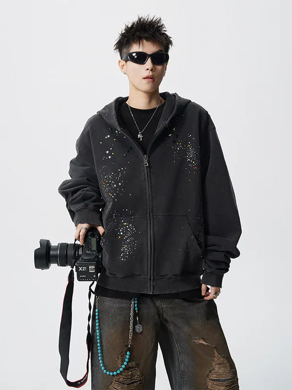 American Retro Heavy-duty Rhinestone Cardigan Zipper Hooded Sweatshirt Men  Autumn High-end Loose Casual Couple Jacket Trendy