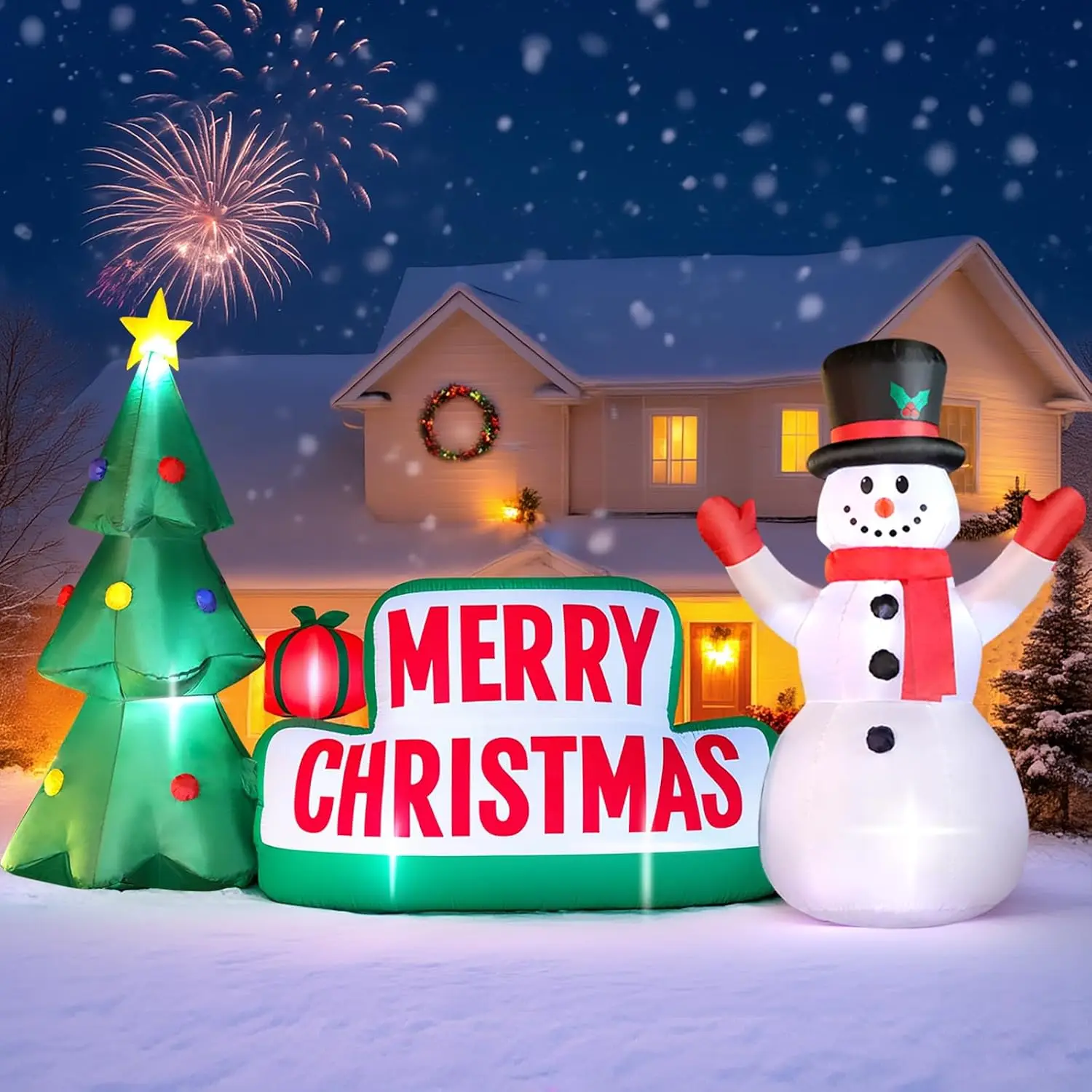 10 FT Long Inflatable Merry Christmas Sign for Outdoor Decor, Blow-Up Xmas Sign with Christmas Tree and Snowman
