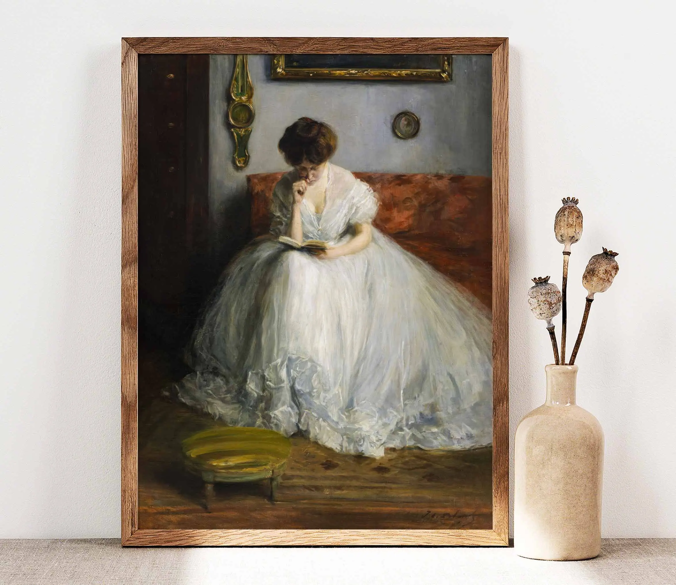 صورة عتيقة لسيدة القراءة ، طباعة فنية ، امرأة جمالية عتيقة في فستان خفيف جميل ، لوحة قماشية ، ديكور منزلي