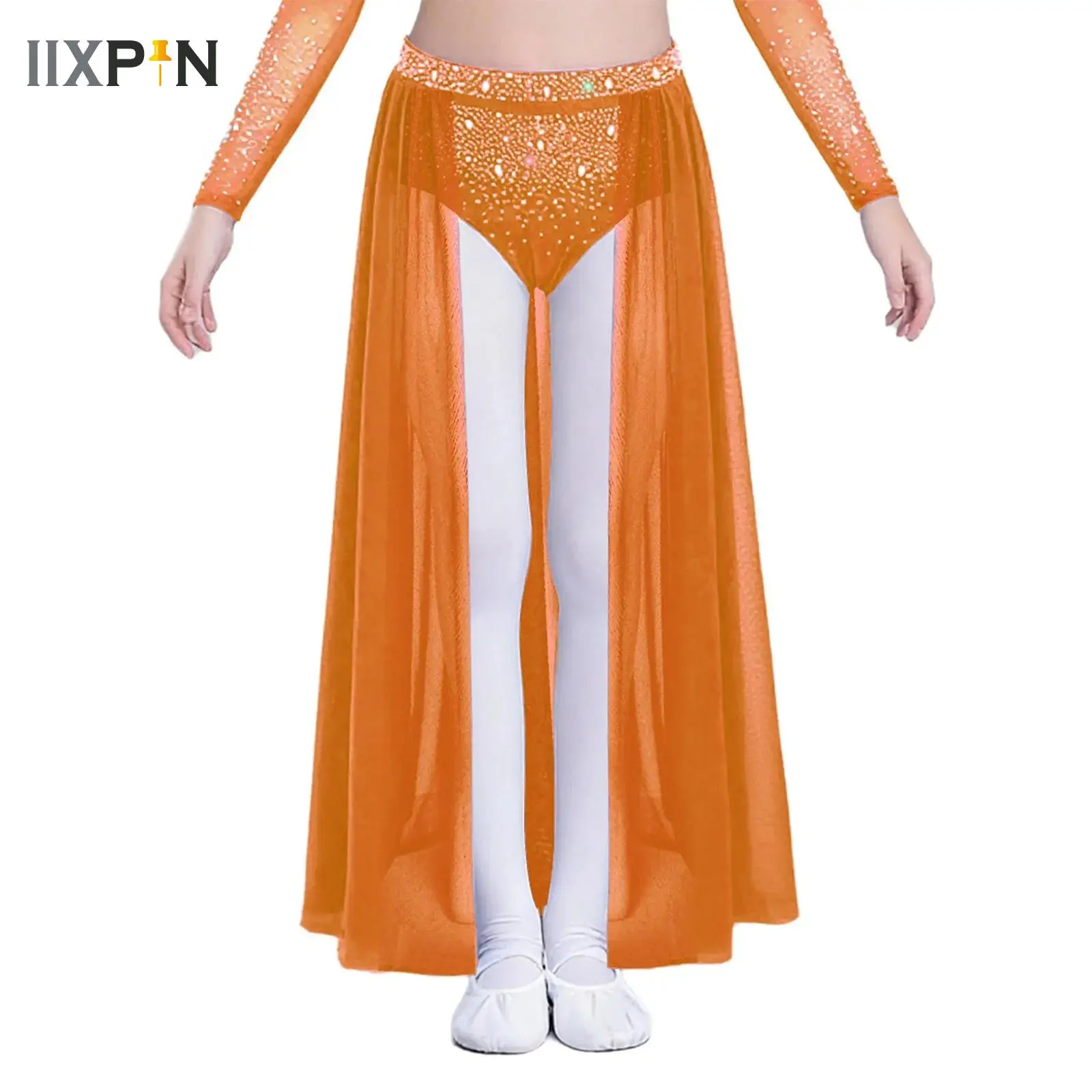 

Girls Ballroom Dancewear Maxi Skirts Shiny Rhinestones Open Front Sheer Mesh Skirt for Girl Ballet Modern Lyrical Dance Leotards