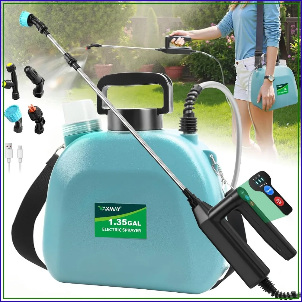 

1.35 Gal Battery Sprayer, 2026 Electric Garden Sprayer, 3 Speeds, 4 Nozzles, Rechargeable, Retractable Wand, Blue