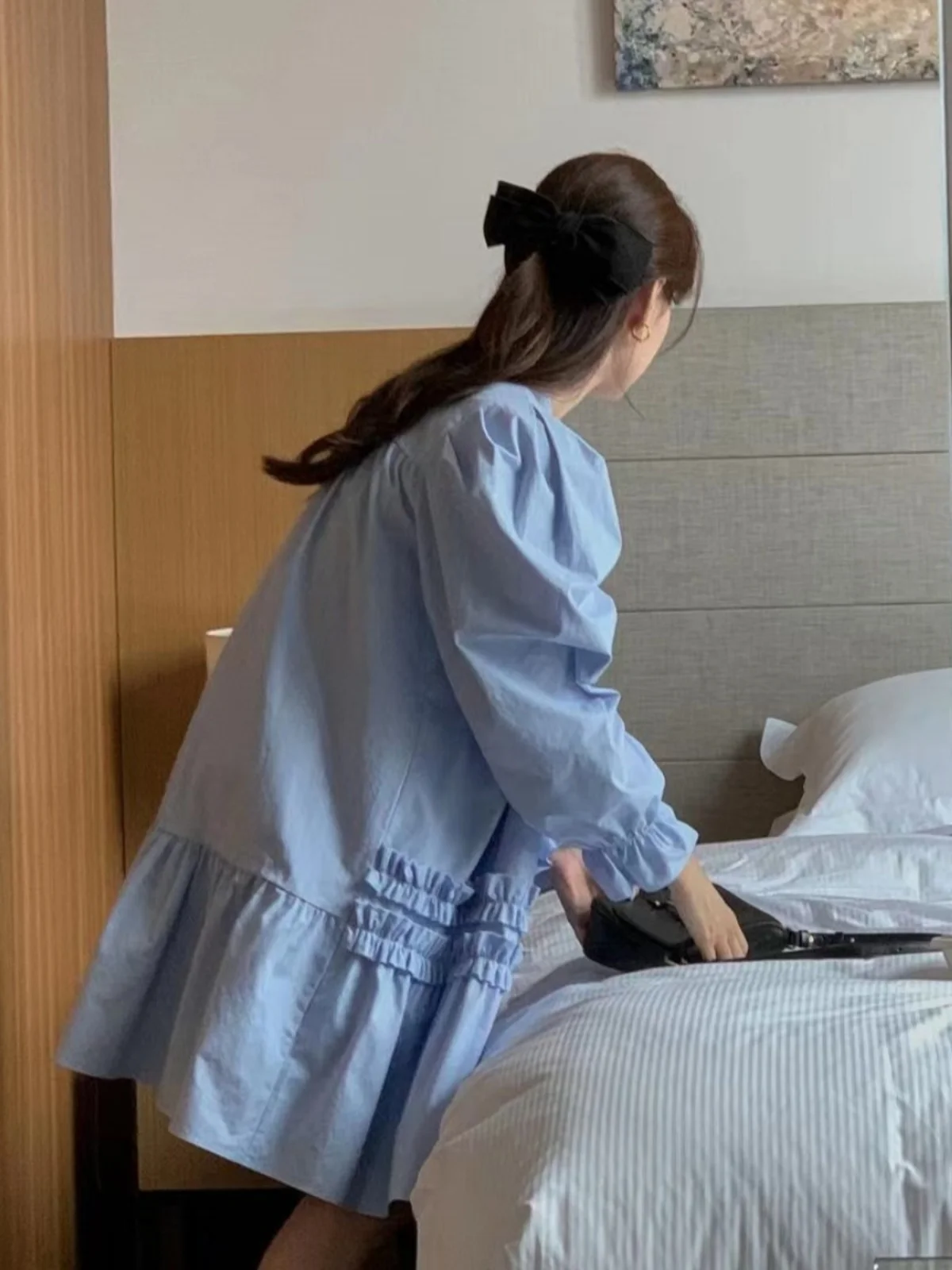 تنورة فضفاضة من Bubble Sve Round Ne Doll Dr للسيدات الكورية Sle Sweet Young Blue Gored تنورة ربيعية عالية الخصر متوسطة...