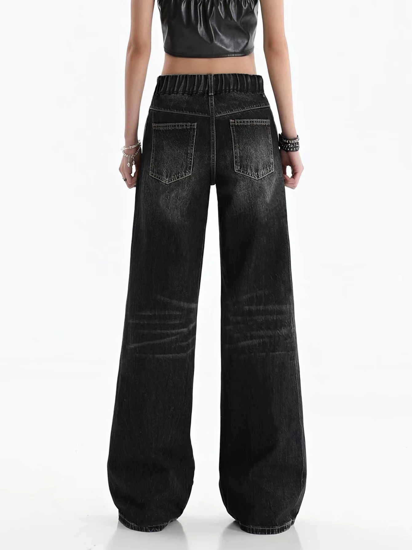 

Girls black loose American retro street washing casual jeans trousers straight wide-leg pants