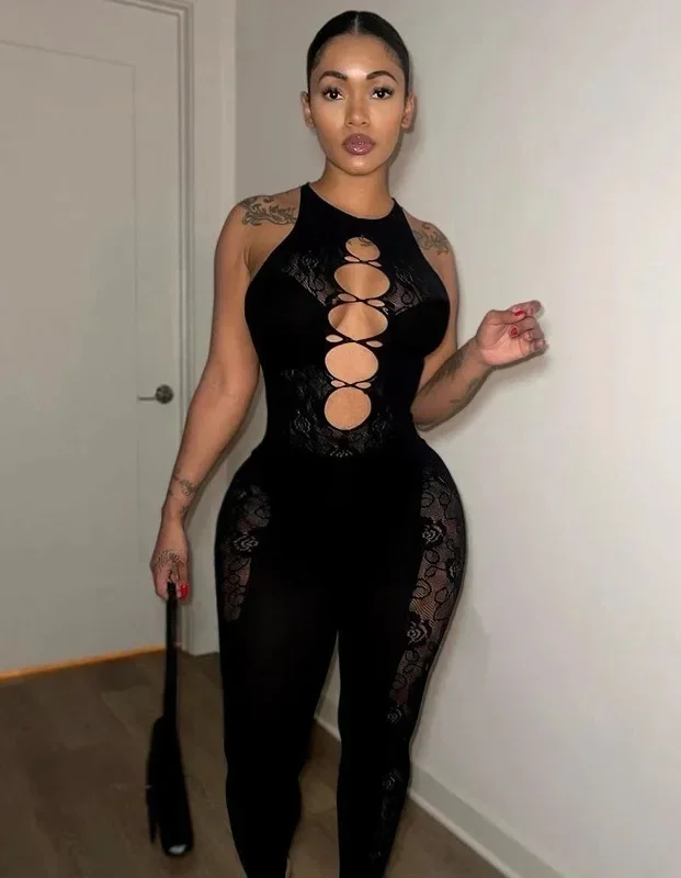 Tute da festa trasparenti senza maniche per la casa Tute da donna glitterate ad alta elasticità skinny scava fuori pagliaccetti aderenti body da festa sexy