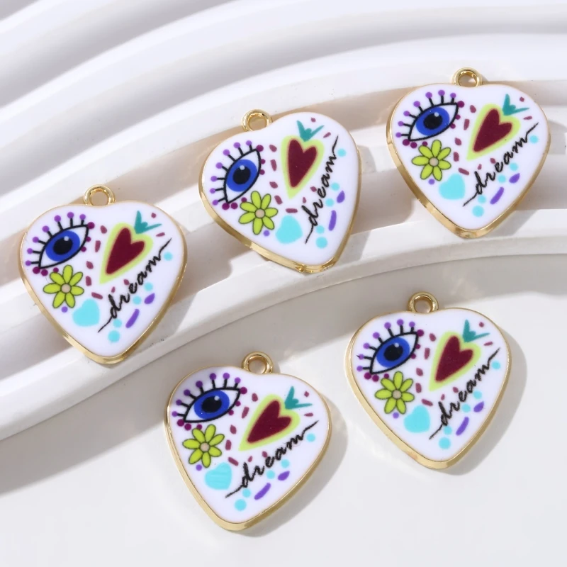 5pcs New Fashion Individualistic Heart Enamel Charms Mixed Color Printing Pendants For Making Handmade DIY Accessories Findings